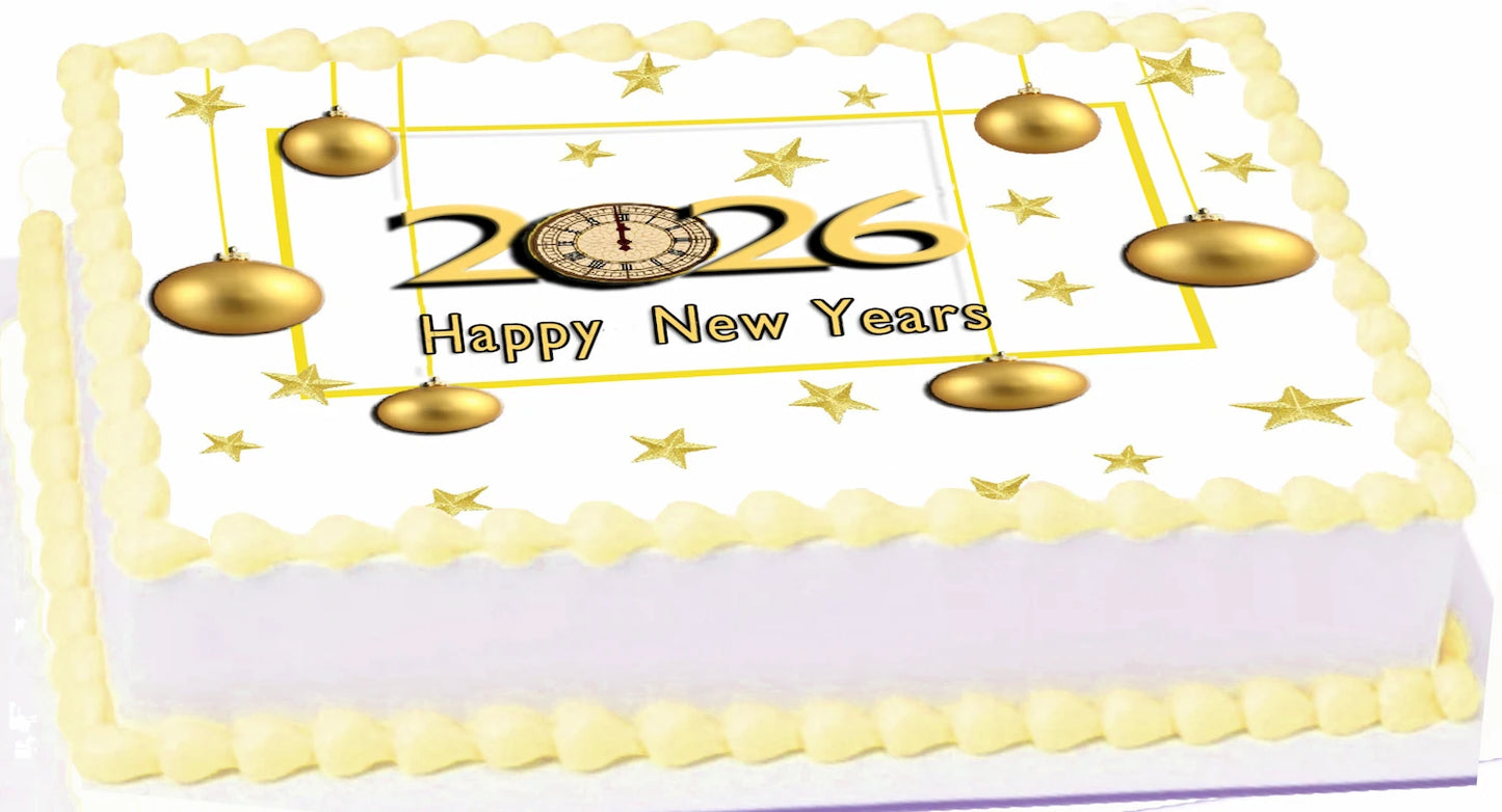 Edible Icing Image Sheet Cake Topper with New Year Golden Balls  themed decoration