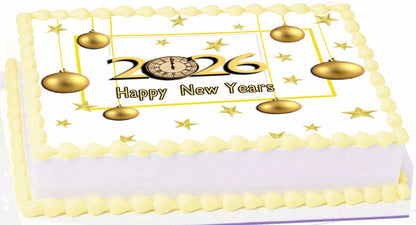 Edible Icing Image Sheet Cake Topper with New Year Golden Balls  themed decoration
