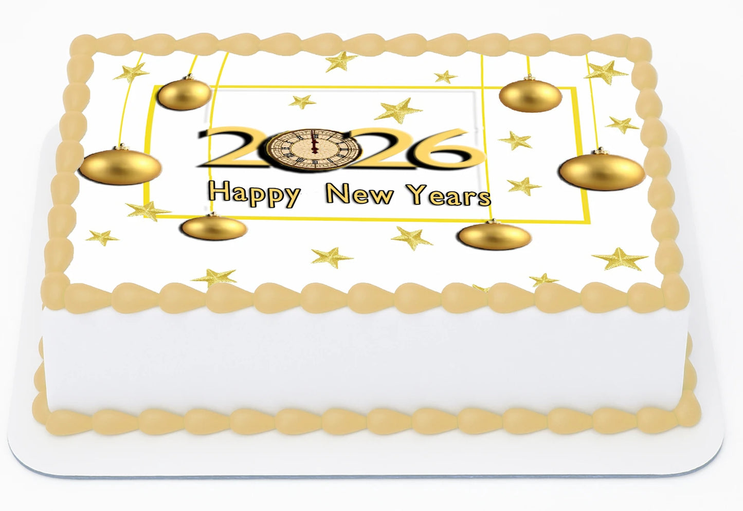 Custom Edible Cake Topper –  New Year Golden Ornament Wishes Design – 1/4 Sheet Cake (9x13) – Precut Icing Sheet – RA Pape