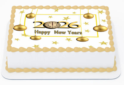 Custom Edible Cake Topper –  New Year Golden Ornament Wishes Design – 1/4 Sheet Cake (9x13) – Precut Icing Sheet – RA Pape