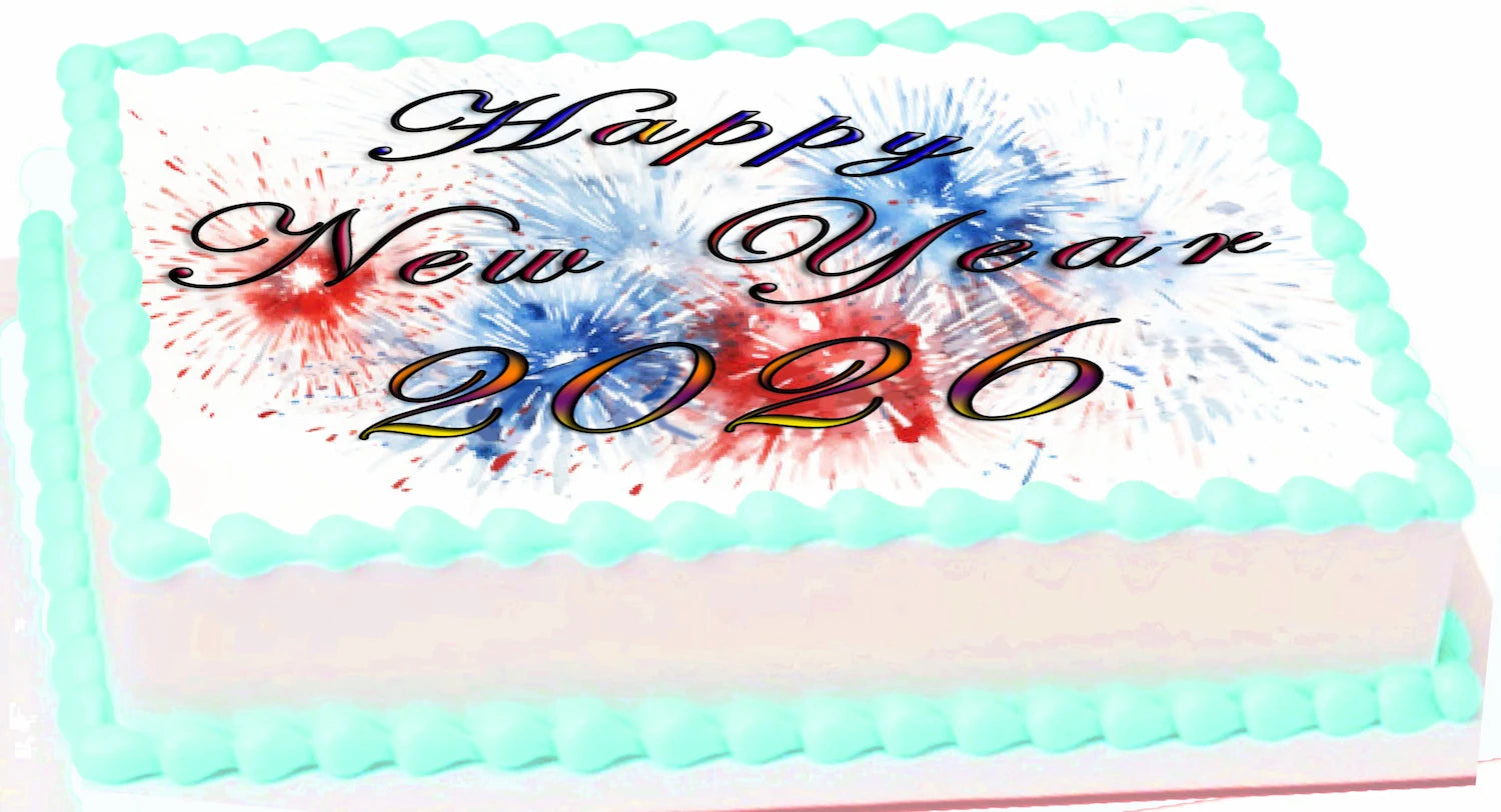 Custom Edible Cake Topper –  New Year Red White Blue Firecracker Design – 1/4 Sheet Cake (9x13) – Precut Icing Sheet – RA Pape
