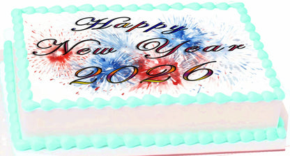 Custom Edible Cake Topper –  New Year Red White Blue Firecracker Design – 1/4 Sheet Cake (9x13) – Precut Icing Sheet – RA Pape