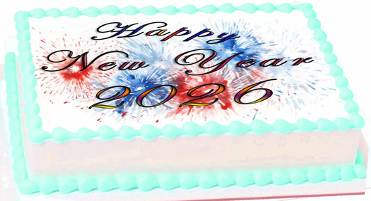 Custom Edible Cake Topper –  New Year Red White Blue Firecracker Design – 1/4 Sheet Cake (9x13) – Precut Icing Sheet – RA Pape