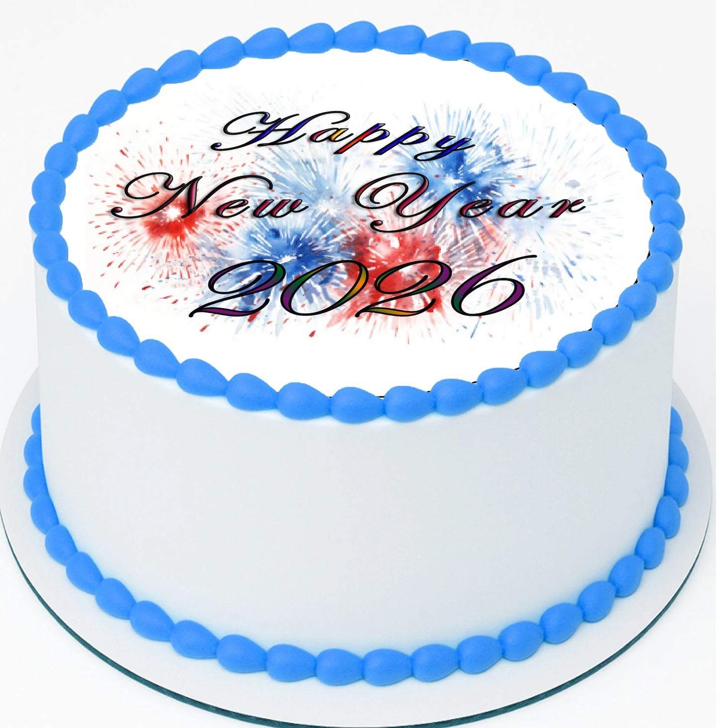 Custom Edible Cake Topper –  New Year Red White Blue Firecracker Design – Pre-cut 8" Round Icing Sheet – RA Pape
