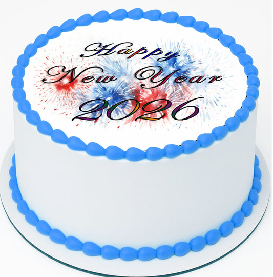 Custom Edible Cake Topper –  New Year Red White Blue Firecracker Design – Pre-cut 8" Round Icing Sheet – RA Pape
