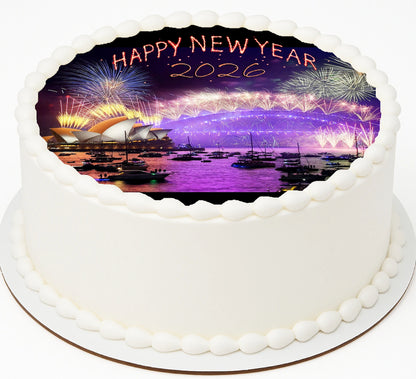 Edible Icing Images Cake Topper with New Year Sydney Opera House -themed decoration