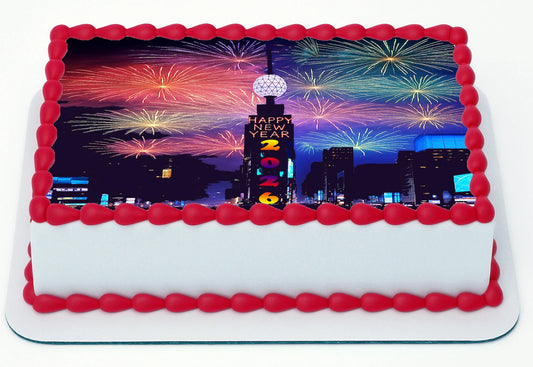 New Year Time Square Edible Image Sheet Cake Topper