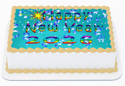 New Years Confetti Rainbow Sparkle Edible Image Sheet Cake Topper