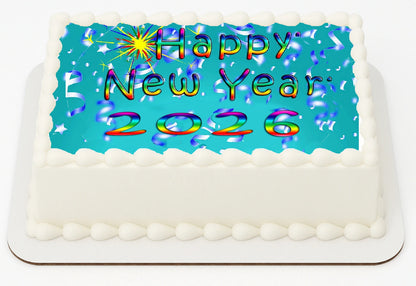 Edible Icing Image Sheet Cake Topper with New Years Confetti Rainbow Sparkle  themed decoration