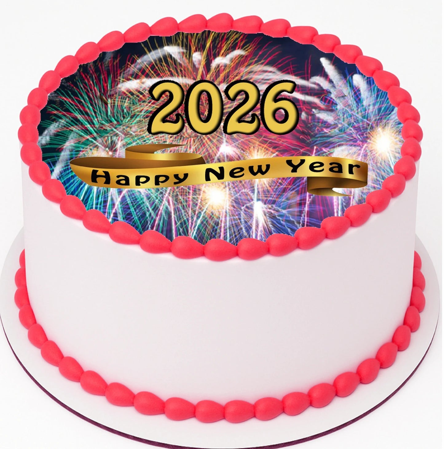 Custom Edible Cake Topper –  New Years Fireworks Ribbon Design – Pre-cut 8" Round Icing Sheet – RA Pape