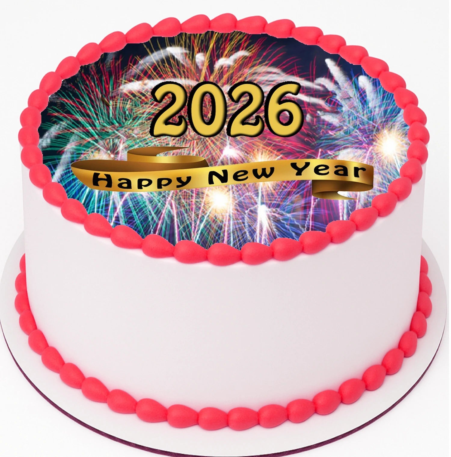 Custom Edible Cake Topper –  New Years Fireworks Ribbon Design – Pre-cut 8" Round Icing Sheet – RA Pape