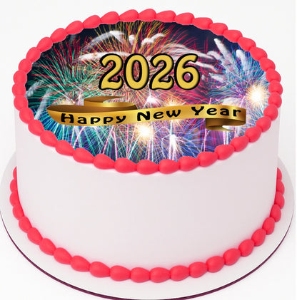 Custom Edible Cake Topper –  New Years Fireworks Ribbon Design – Pre-cut 8" Round Icing Sheet – RA Pape