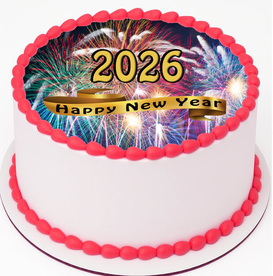 Custom Edible Cake Topper –  New Years Fireworks Ribbon Design – Pre-cut 8" Round Icing Sheet – RA Pape