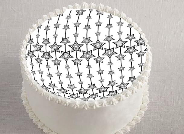 Custom Edible Cake Topper –  New Years Silver Streaming Star Design – Pre-cut 8" Round Icing Sheet – RA Pape
