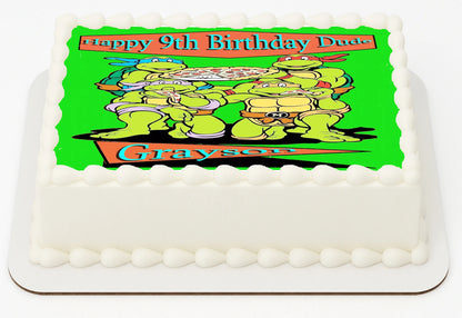 Edible Icing Images Sheet Cake Topper with Ninja Turtle-themed decoration featuring text personalized with name and age