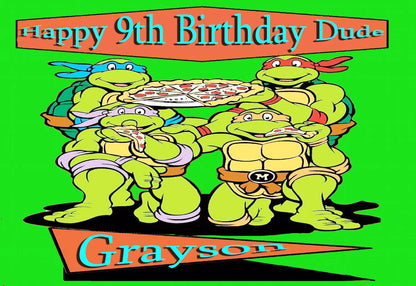 Personalized Edible Icing Images birthday cake topper with Ninja Turtle cartoon characters and 'Happy Birthday' and name