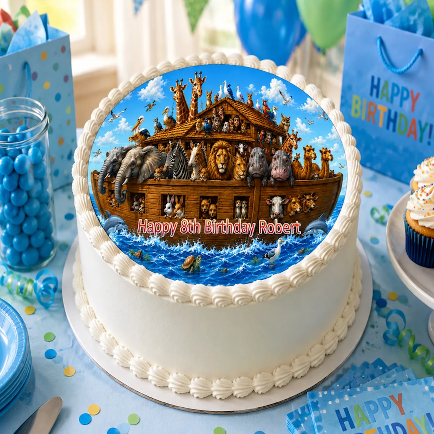 Noah's Ark Birthday Edible Image Cake Topper - precut 8" Icing Sheet - RA Pape party with the animals