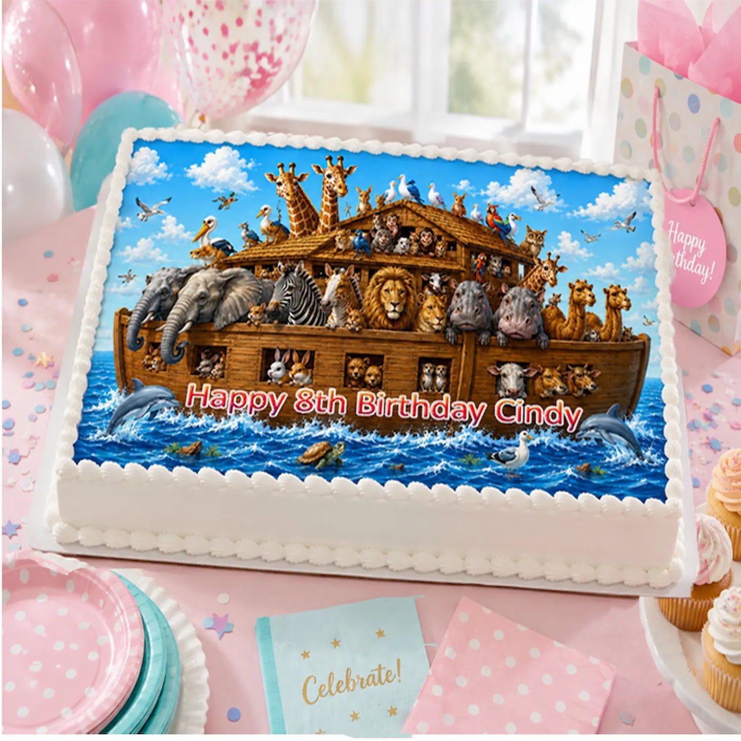 Noah's Ark Birthday Party Edible Image Cake Topper - 1/4 Icing Sheet - RA Pape