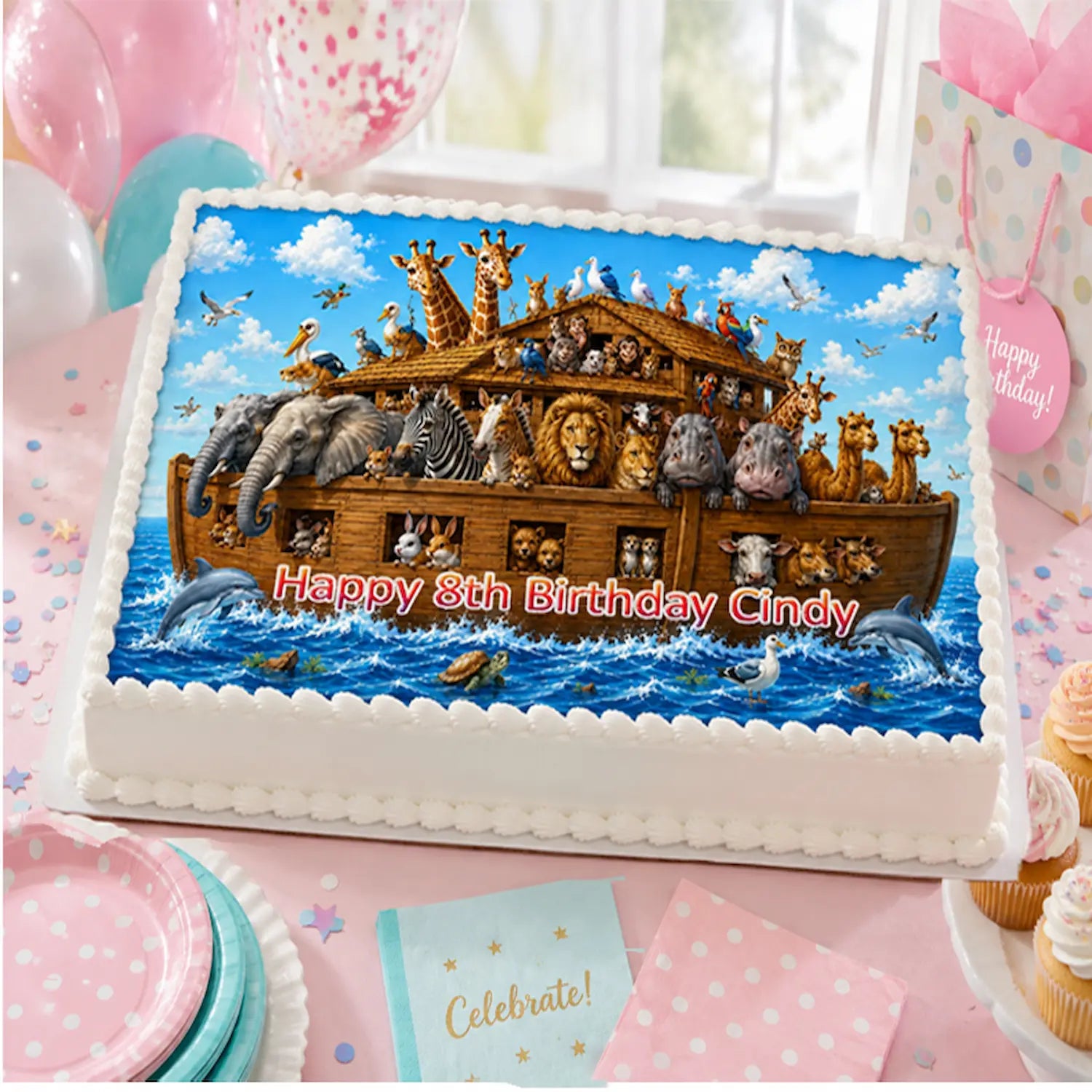 Noah's Ark Birthday Party Edible Image Cake Topper - 1/4 Icing Sheet - RA Pape