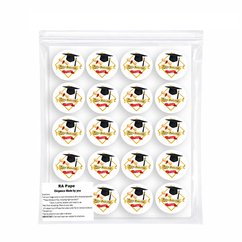 Package of Custom Edible Cookie & Cupcake Topper Golden Graduate Design 20 - 2” Precut Icing Sheet - RA Pape