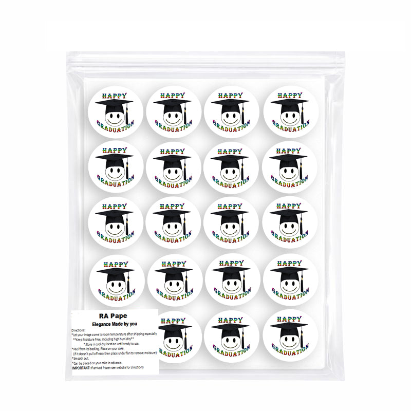 Package of Custom Edible Cookie & Cupcake Topper Happy Face Graduation Design 20 - 2” Precut Icing Sheet - RA Pape