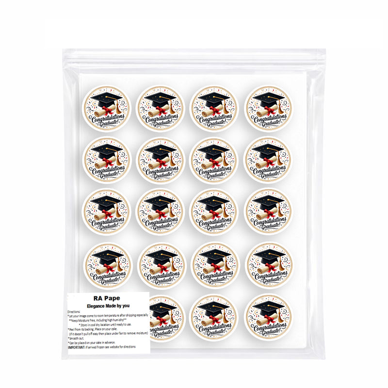 Packaged Custom Edible Cookie & Cupcake Topper Congratulation Graduate Design 20 - 2” Precut Icing Sheet - RA Pape