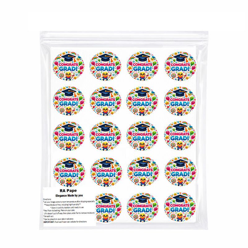 Packaged Custom Edible Cookie & Cupcake Topper Congrats Grad Design 20 - 2” Precut Icing Sheet - RA Pape