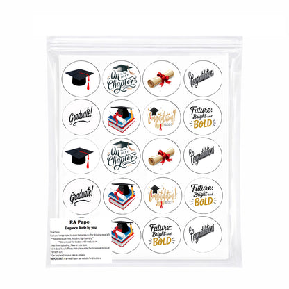 Packaged Custom Edible Cookie & Cupcake Topper Mixed Graduation Designs 20 - 2” Precut Icing Sheet - RA Pape