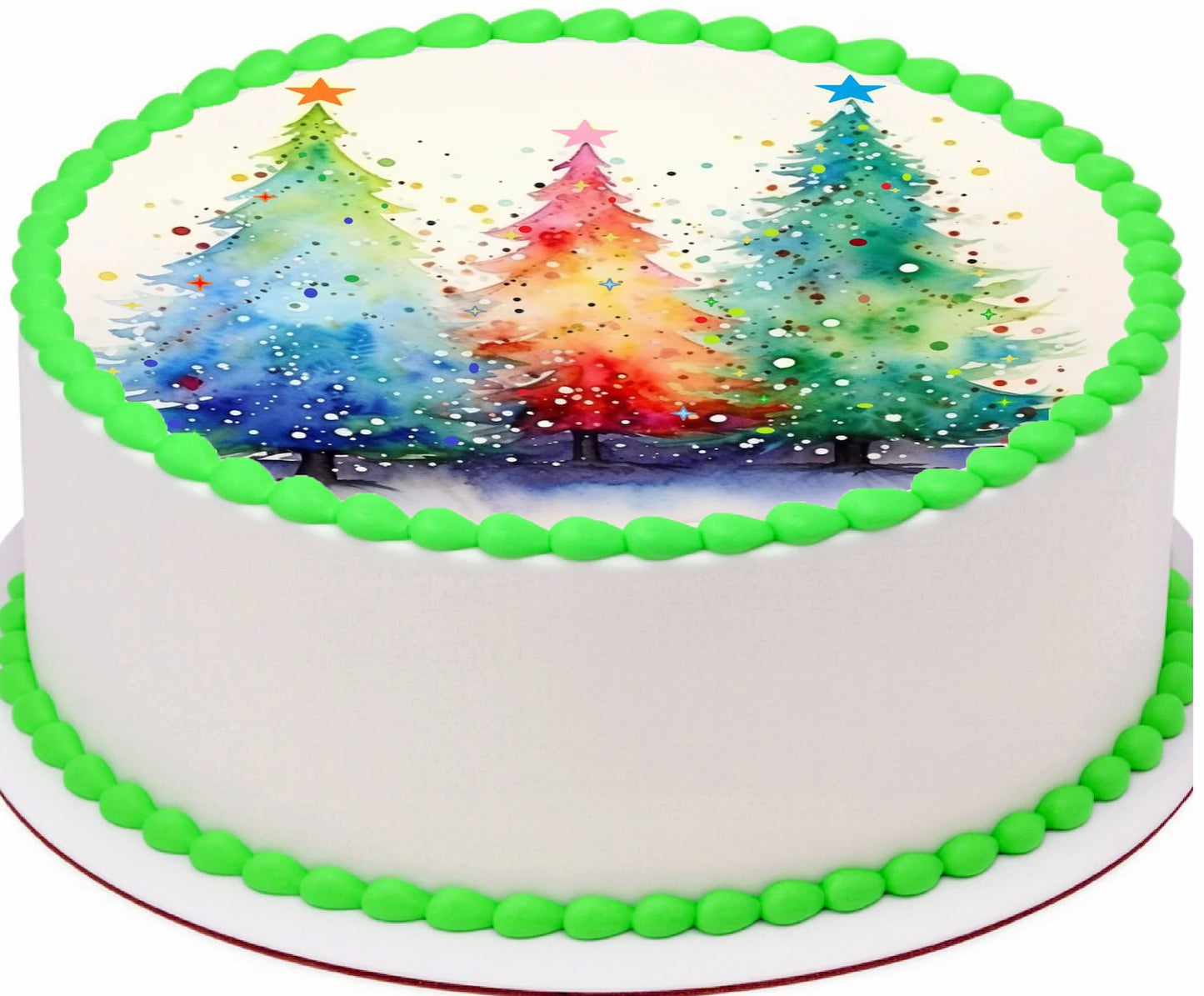 Custom Edible Cake Topper – Painted Pastel Trees Christmas Design – Pre-cut 8" Round Icing Sheet – RA Pape