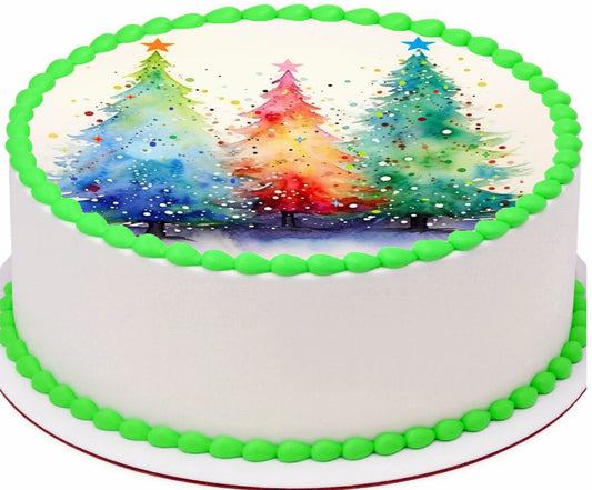 Custom Edible Cake Topper – Painted Pastel Trees Christmas Design – Pre-cut 8" Round Icing Sheet – RA Pape