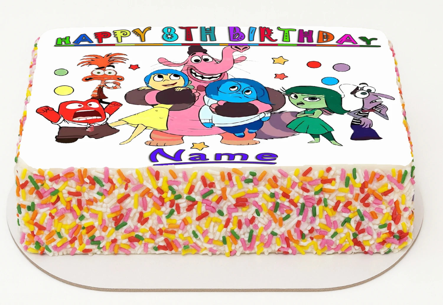 Edible Icing Images Sheet Cake Topper with  colorful 'Happy 8th Birthday Name' Personalied text and Party Inside Out-themed characters.