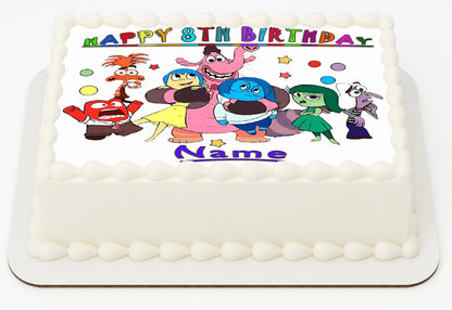 Personalized edible Icing Images birthday cake topper with Party Inside Out design and text for a Happy 8th birthday and Name.