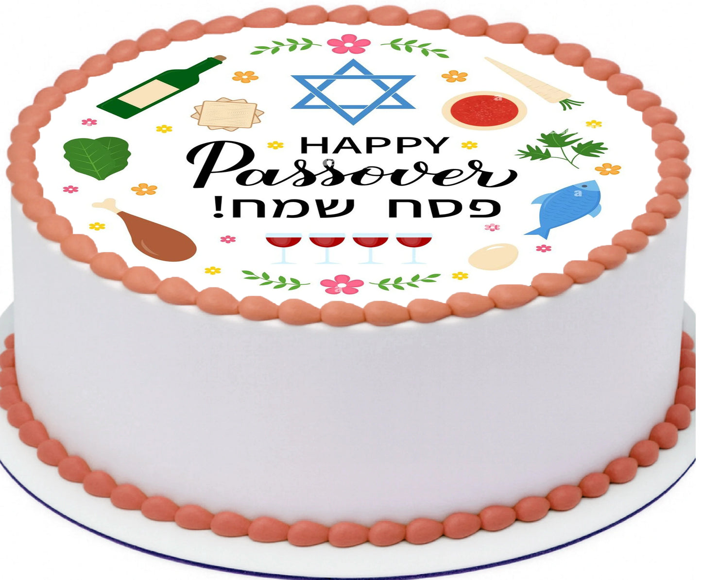 Passover-themed cake topper with Star of David, wine bottle, and matzah on an edible image.