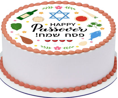 Passover-themed cake topper with Star of David, wine bottle, and matzah on an edible image.