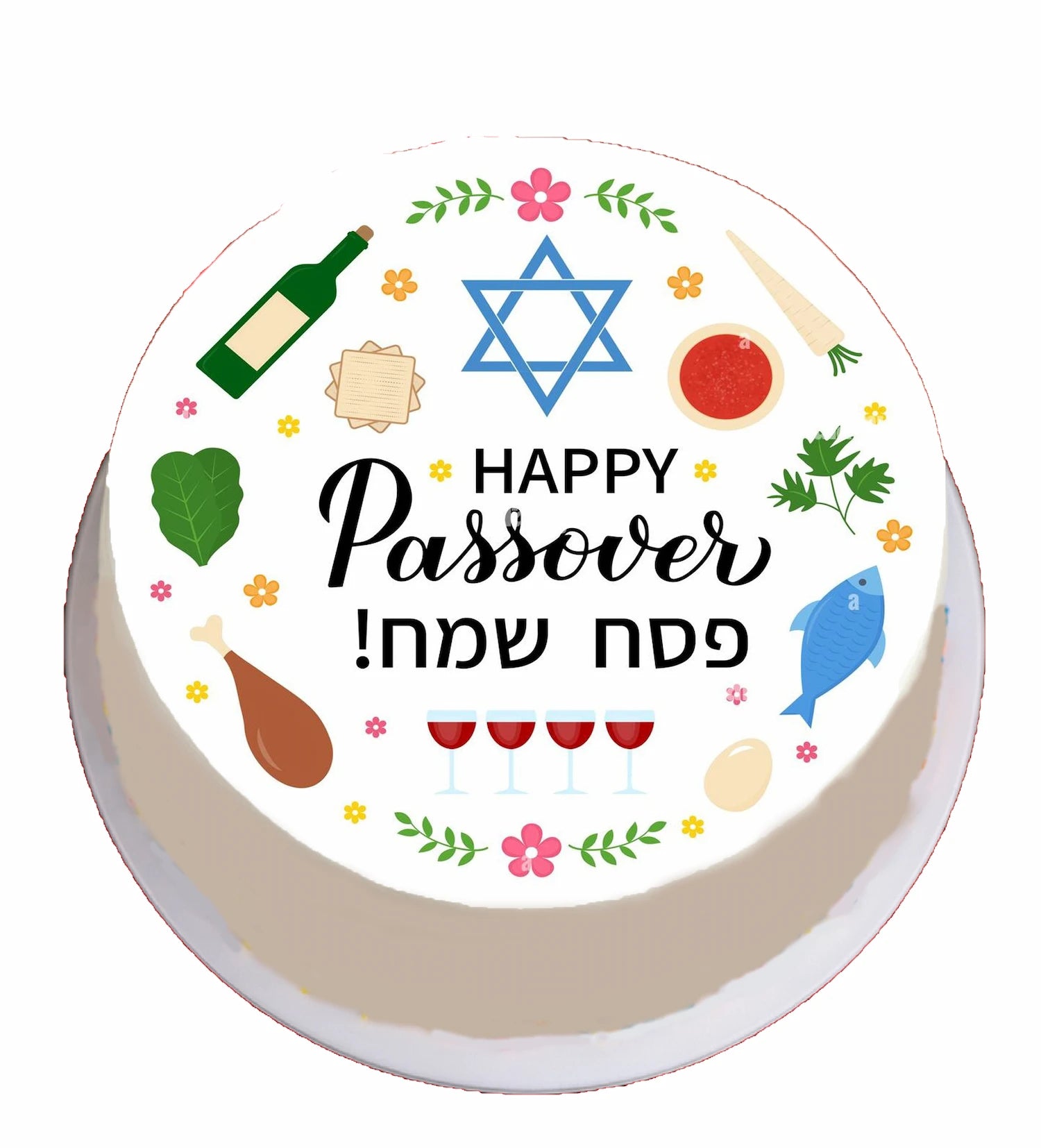 Round cake topper with Passover symbols and text on an edible image.