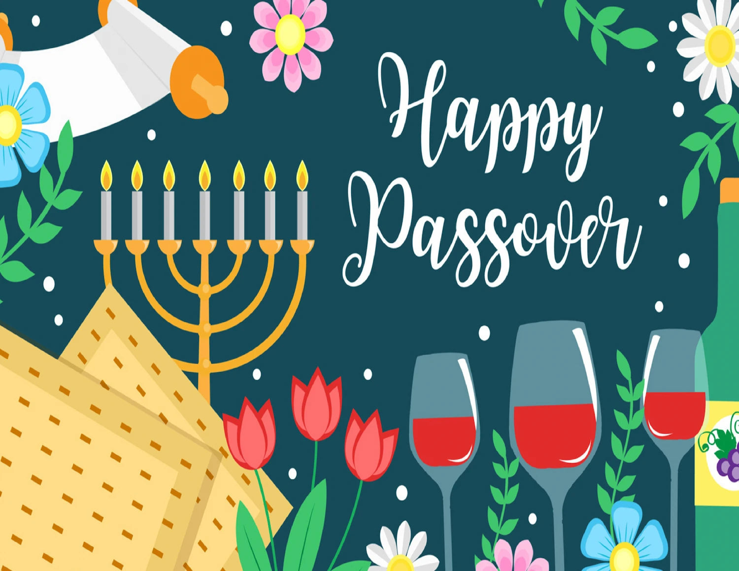 Happy Passover cake topper with menorah, wine glasses, and traditional symbols on an edible image.