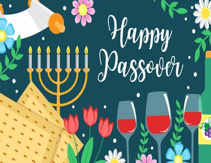 Happy Passover cake topper with menorah, wine glasses, and traditional symbols on an edible image.