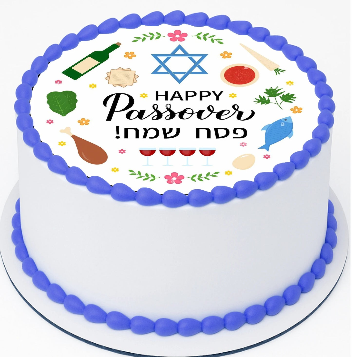 Passover-themed cake topper festive decorations on a edible image.