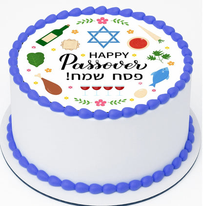 Passover-themed cake topper festive decorations on a edible image.