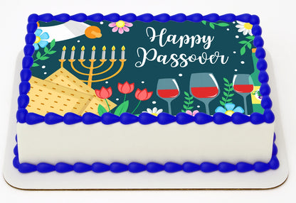 Passover-themed cake topper with Menorah, matzah, wine glasses, and flowers on edible image
