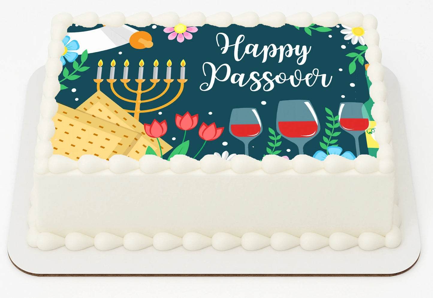 Passover-themed cake with a Menorah, wine glasses, and matzah on a edible icing image cake topper.