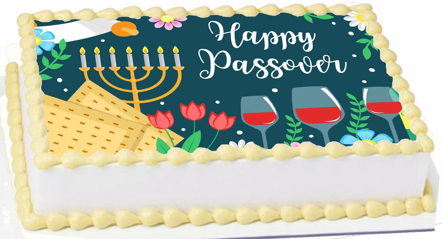 Happy Passover cake topper with menorah, matzah, and wine glasses on a edible image.