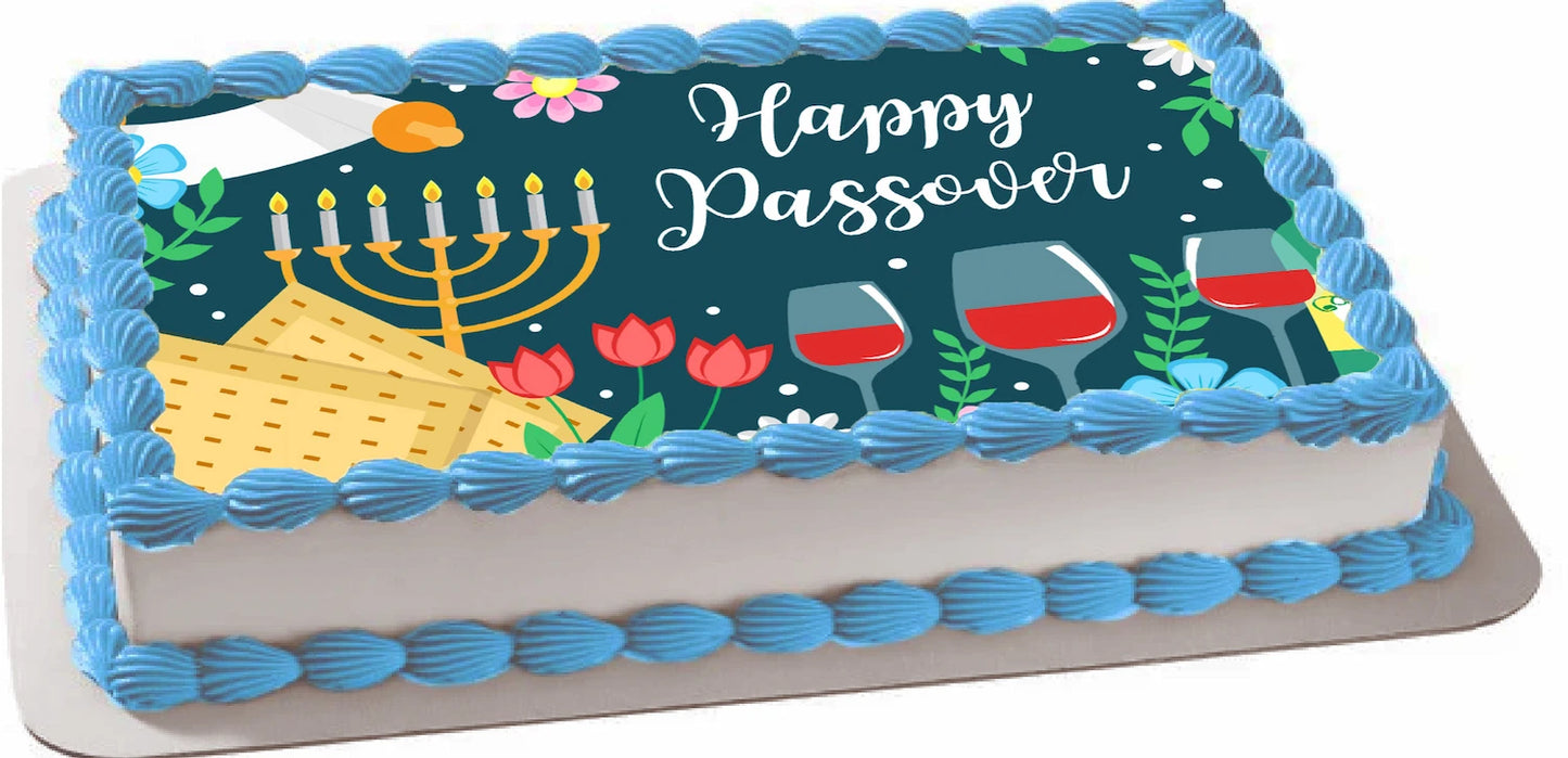 Passover-themed edible image with Menorah, wine glasses, and flowers on a cake topper 