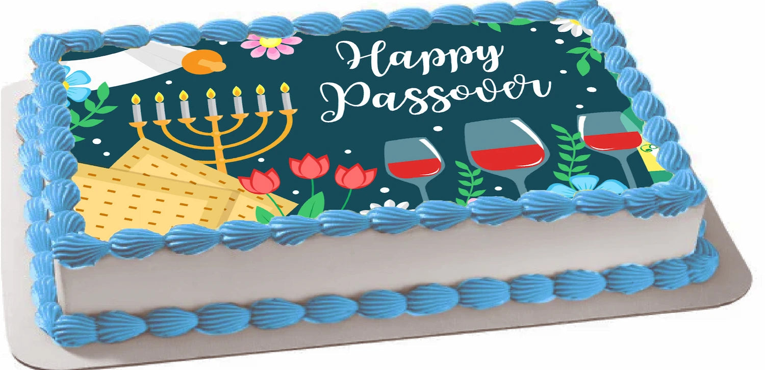 Passover-themed edible image with Menorah, wine glasses, and flowers on a cake topper 