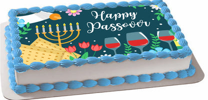 Passover-themed edible image with Menorah, wine glasses, and flowers on a cake topper 