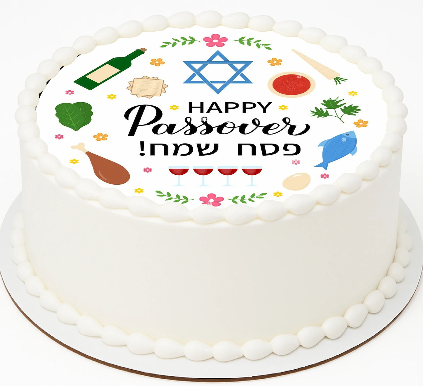 Passover-themed cake topper with celebratory elements on a edible image.
