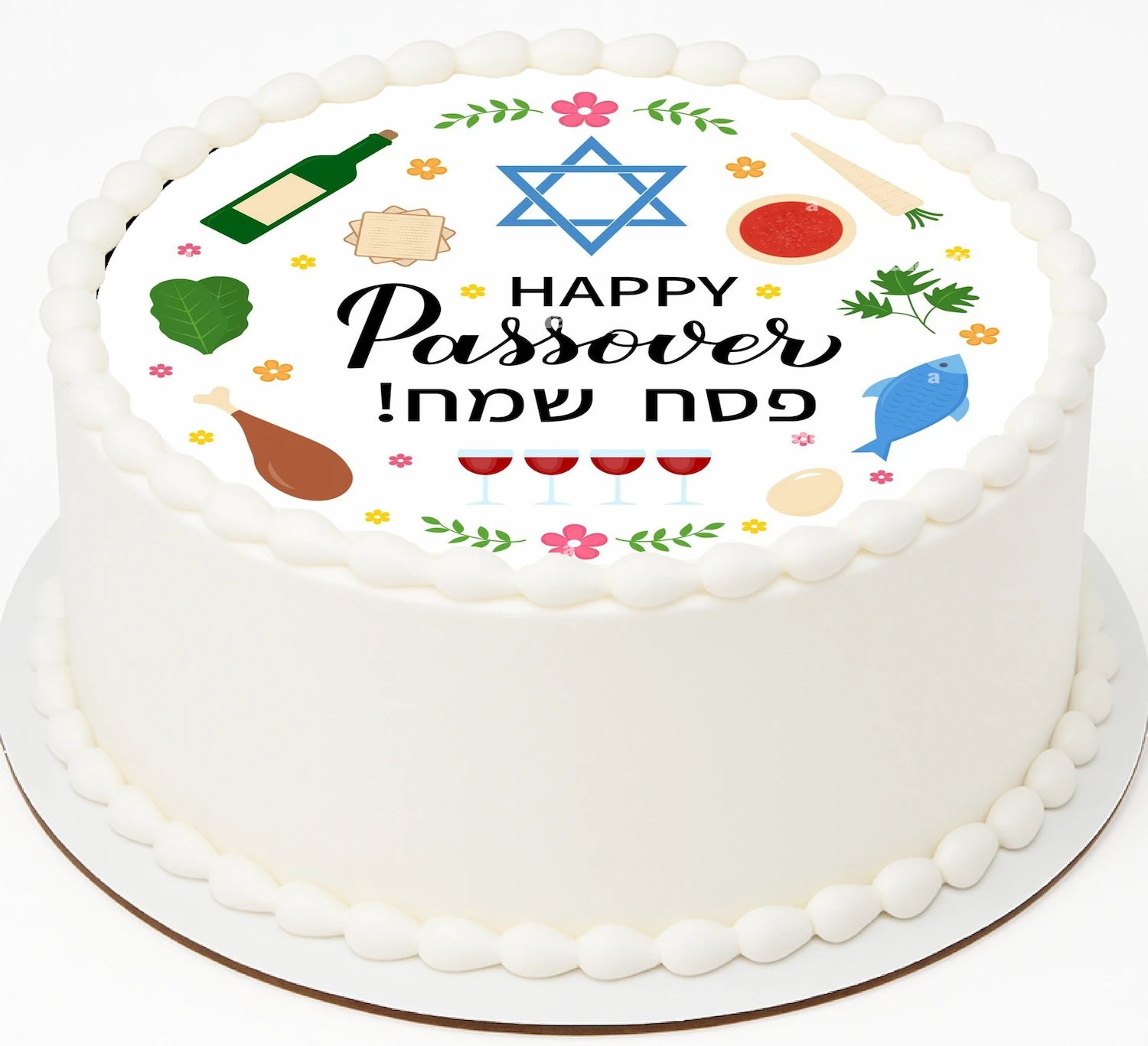 Passover-themed cake topper with celebratory elements on a edible image.