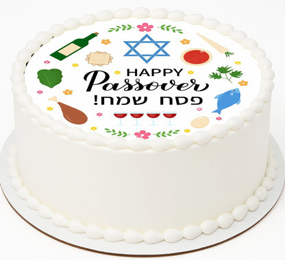 Passover-themed cake topper with celebratory elements on a edible image.