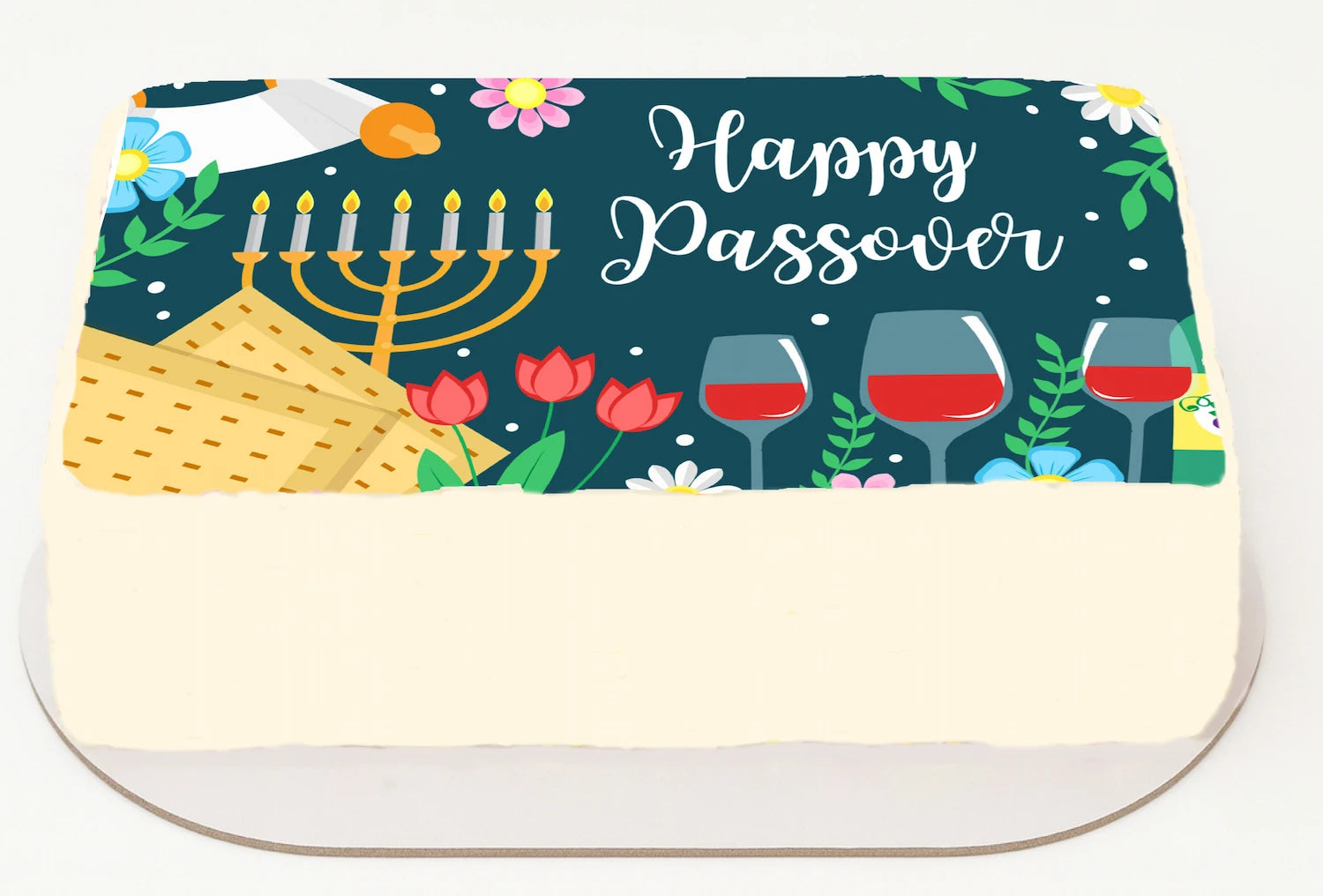 Happy Passover matzah cover with Menorah, wine glasses, and flowers on edible image cake topper