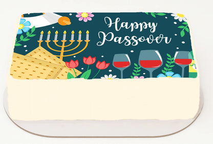 Happy Passover matzah cover with Menorah, wine glasses, and flowers on edible image cake topper